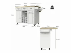 Merax Isla de cocina móvil con 2 puertas, 3 cajones y botellero para 9 botellas - Tablero extensible - 124x40/65x91,5 cm - MDF -