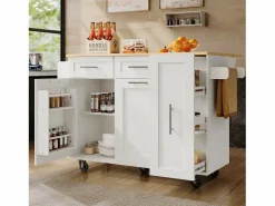 Hot Isla de cocina móvil con 2 puertas, 3 cajones y toallero - Tablero extensible - 134,5 x 46/74 x 90,5 cm - MDF - Isla Cocina