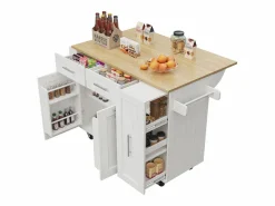 Hot Isla de cocina móvil con 2 puertas, 3 cajones y toallero - Tablero extensible - 134,5 x 46/74 x 90,5 cm - MDF - Isla Cocina
