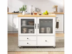 Sale Isla de cocina móvil con 2 puertas de cristal y 3 cajones - Mesa extensible - Isla Cocina
