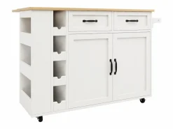 New Merax Isla de cocina móvil con 2 puertas, 2 cajones y 4 botelleros - Tablero extensible - 131,5x43(76)x90,7cm - MDF - y natural Blanco