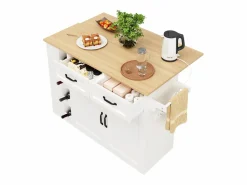 New Merax Isla de cocina móvil con 2 puertas, 2 cajones y 4 botelleros - Tablero extensible - 131,5x43(76)x90,7cm - MDF - y natural Blanco