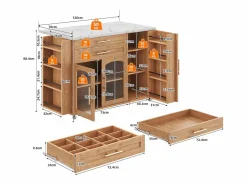 New Merax Isla de cocina móvil con encimera abatible - 138 x 45 (70) x 90 cm - con estante + 2 cajones + 3 puertas - MDF - natural Color natural claro