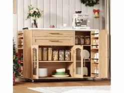 New Merax Isla de cocina móvil con encimera abatible - 138 x 45 (70) x 90 cm - con estante + 2 cajones + 3 puertas - MDF - natural Color natural claro