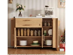 New Merax Isla de cocina móvil con encimera abatible - 138 x 45 (70) x 90 cm - con estante + 2 cajones + 3 puertas - MDF - natural Color natural claro