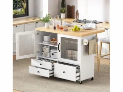 Merax Isla de cocina móvil con mesa de comedor extensible - 100 x 42/70 x 91,5 cm - con puertas + 3 cajones - MDF - + natural