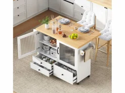 Merax Isla de cocina móvil con mesa de comedor extensible - 100 x 42/70 x 91,5 cm - con puertas + 3 cajones - MDF - + natural