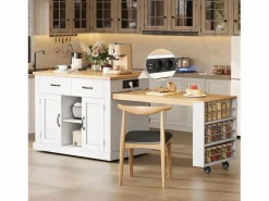 New Merax Isla de cocina móvil con mesa extensible - 132/235 x 60 x 93 cm - mesa de bar con estantes + puertas + cajón - MDF - Blanco