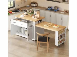New Merax Isla de cocina móvil con mesa extensible - 132/235 x 60 x 93 cm - mesa de bar con estantes + puertas + cajón - MDF - Blanco
