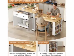 New Merax Isla de cocina móvil con mesa extensible - 132/235 x 60 x 93 cm - mesa de bar con estantes + puertas + cajón - MDF - Blanco