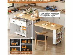 New Merax Isla de cocina móvil con mesa extensible - 132/235 x 60 x 93 cm - mesa de bar con estantes + puertas + cajón - MDF - Blanco