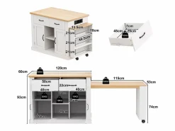 New Merax Isla de cocina móvil con mesa extensible - 132/235 x 60 x 93 cm - mesa de bar con estantes + puertas + cajón - MDF - Blanco
