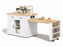 New Merax Isla de cocina móvil con mesa extensible - 132/235 x 60 x 93 cm - mesa de bar con estantes + puertas + cajón - MDF - Blanco