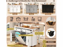 Best Isla de cocina móvil extensible - 120 x 40/75 x 92 cm - con 3 puertas + 2 cajones - MDF - Isla Cocina