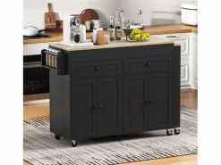 Isla de cocina móvil negra - Carrito de cocina con 4 puertas y 2 cajones - tablero de madera extensible y especiero