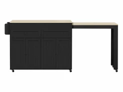 Isla de cocina móvil negra - Carrito de cocina con 4 puertas y 2 cajones - tablero de madera extensible y especiero