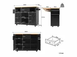 Isla de cocina negra - Carrito de cocina con 2 cajones y 4 puertas - Especiero y toallero