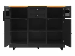 Isla de cocina negra - Carrito de cocina con 2 cajones y 4 puertas - Especiero y toallero