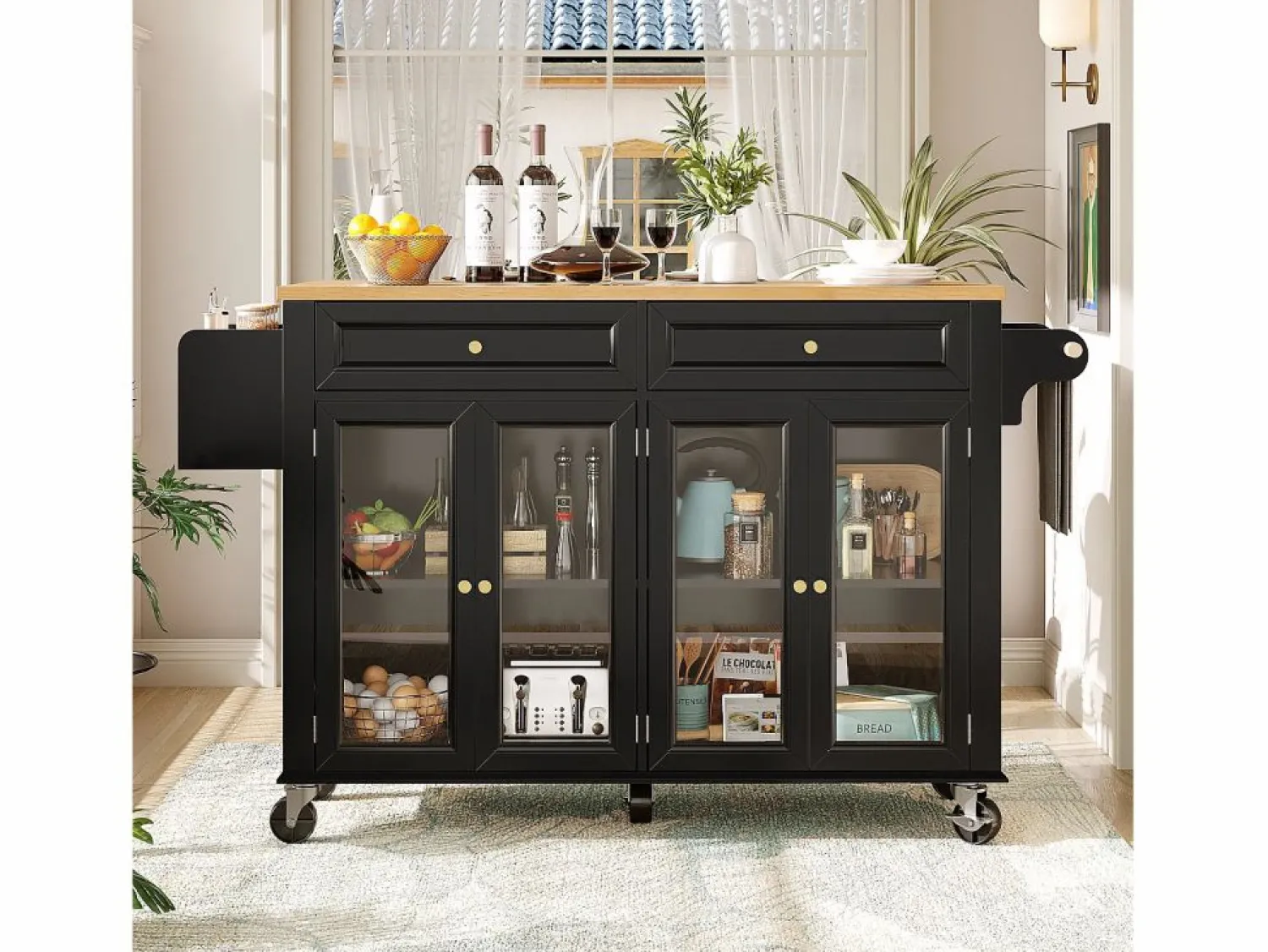 Best Isla de cocina negra - Carrito de cocina con 2 cajones y 4 puertas de cristal - especiero y toallero Isla Cocina