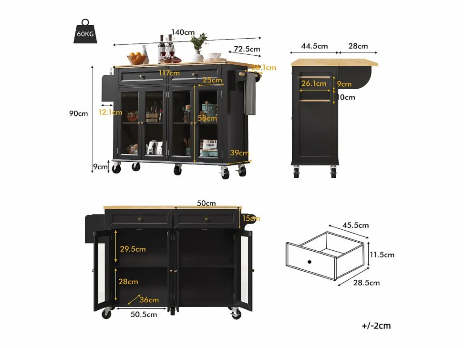 Best Isla de cocina negra - Carrito de cocina con 2 cajones y 4 puertas de cristal - especiero y toallero Isla Cocina