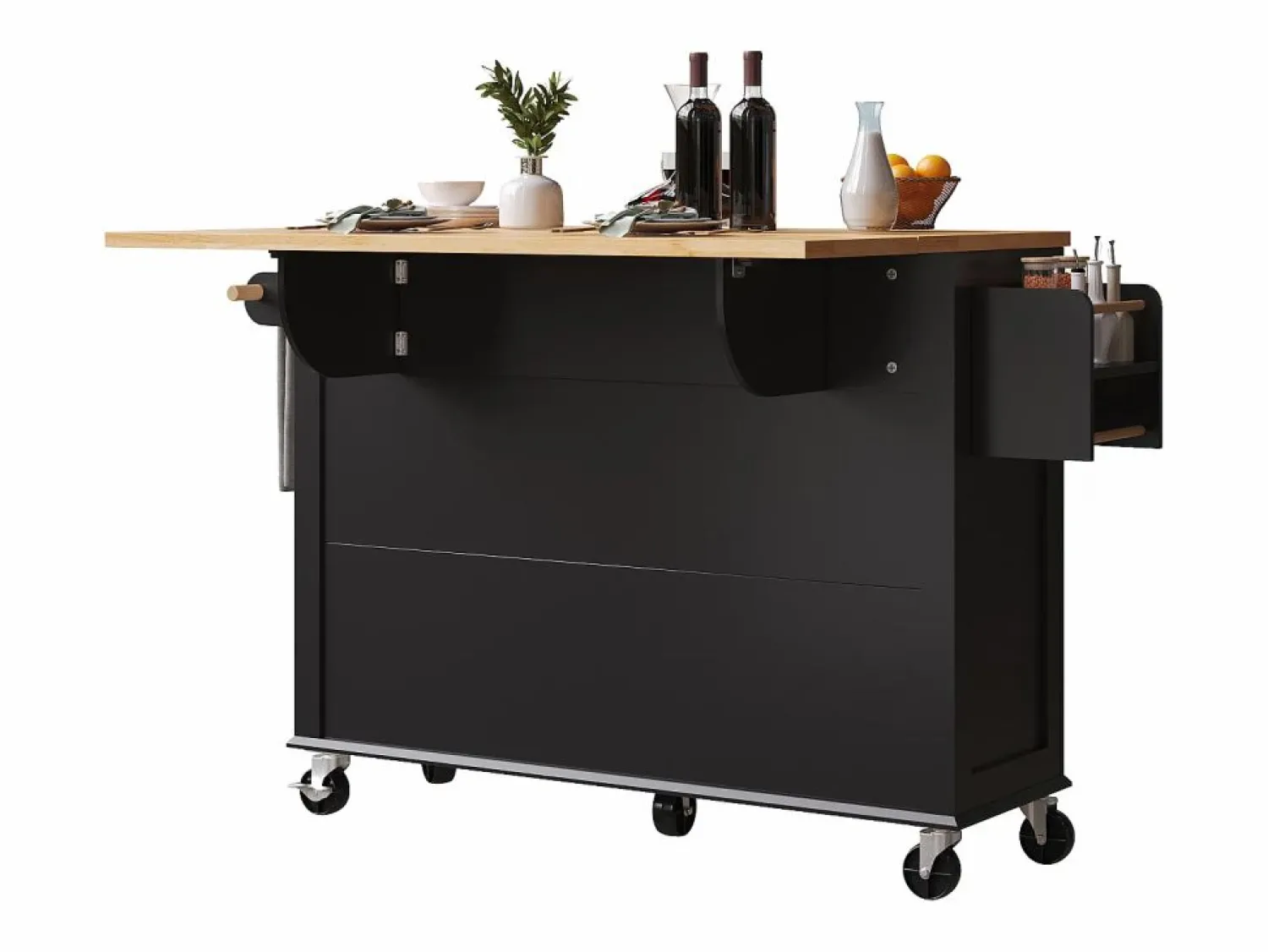 Best Isla de cocina negra - Carrito de cocina con 2 cajones y 4 puertas de cristal - especiero y toallero Isla Cocina