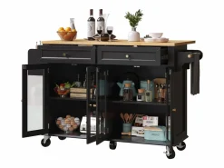 Best Isla de cocina negra - Carrito de cocina con 2 cajones y 4 puertas de cristal - especiero y toallero Isla Cocina