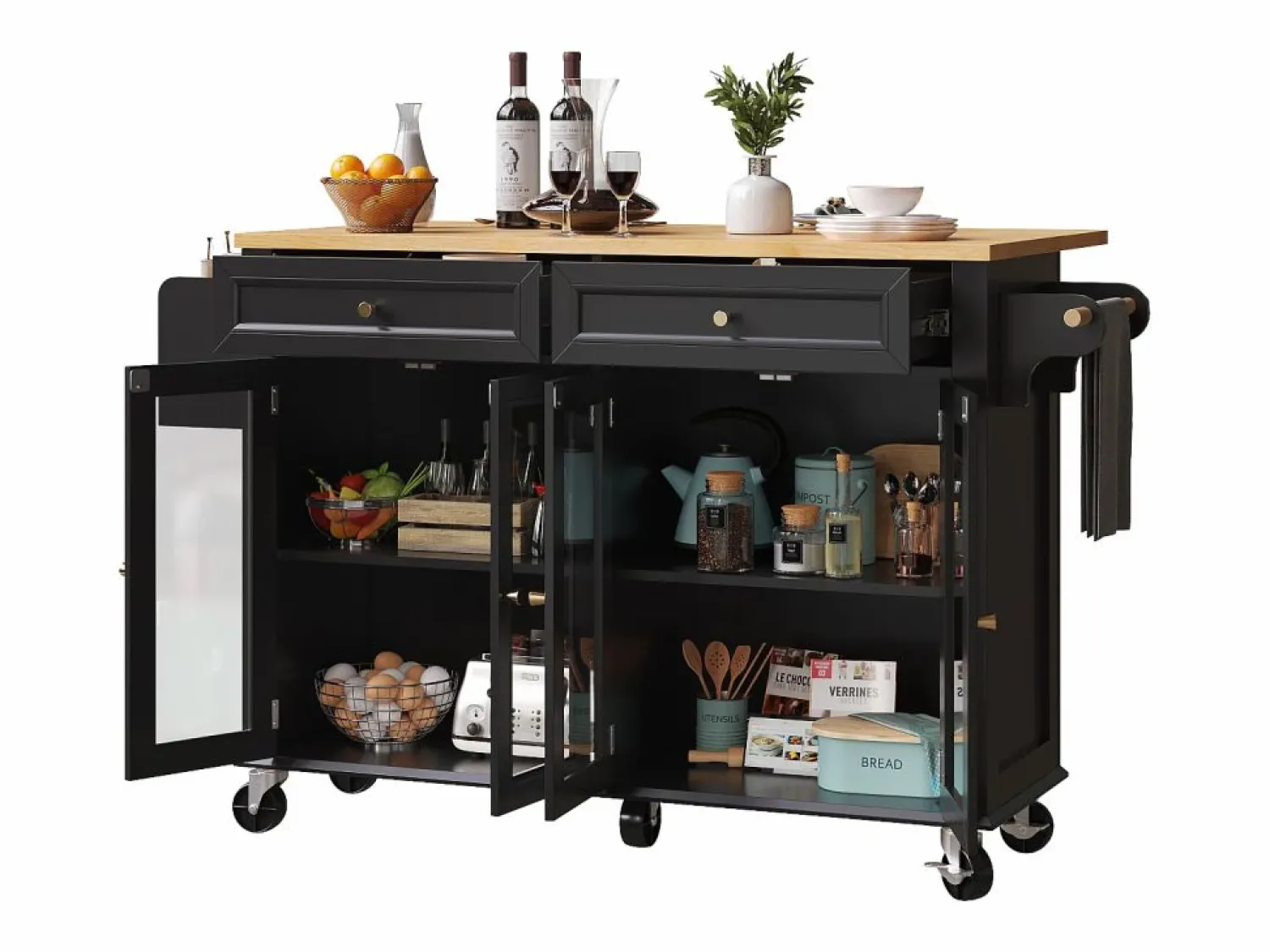 Best Isla de cocina negra - Carrito de cocina con 2 cajones y 4 puertas de cristal - especiero y toallero Isla Cocina