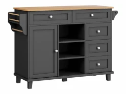Isla de cocina negra con 5 cajones - Carrito de cocina de 1 puerta con 3 compartimentos abiertos - Especiero y toallero