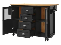 OKWISH Isla de cocina negra, isla de cocina móvil con 2 puertas y 4 cajones, encimera abatible - tiradores plateados