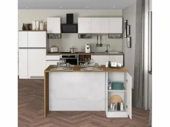 Clearance Isla de cocina Sole con 2 puertas en brillo y roble 160x90x90 cm Blanco
