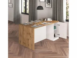 Clearance Isla de cocina Sole con 2 puertas en brillo y roble 160x90x90 cm Blanco