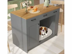 Sale ModernLuxe Isla de cocina 120x60x90 cm - con 3 cajones y 1 puerta - estantes abiertos - espacio de descanso para mascotas - +natural Gris