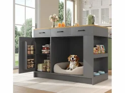 Sale ModernLuxe Isla de cocina 120x60x90 cm - con 3 cajones y 1 puerta - estantes abiertos - espacio de descanso para mascotas - +natural Gris