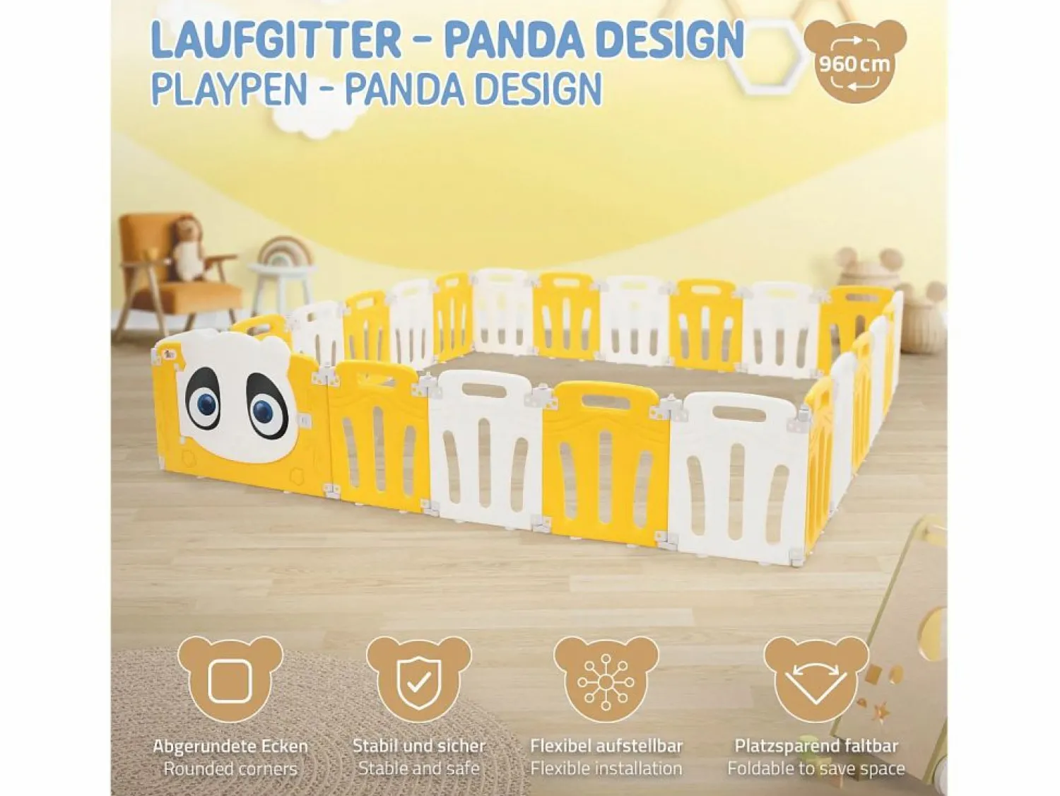 Online Parque infantil 240×240cm para bebés corralito infantil de plástico blanco diseño panda plegable actividades de interior/exterior Mueble De Bebé