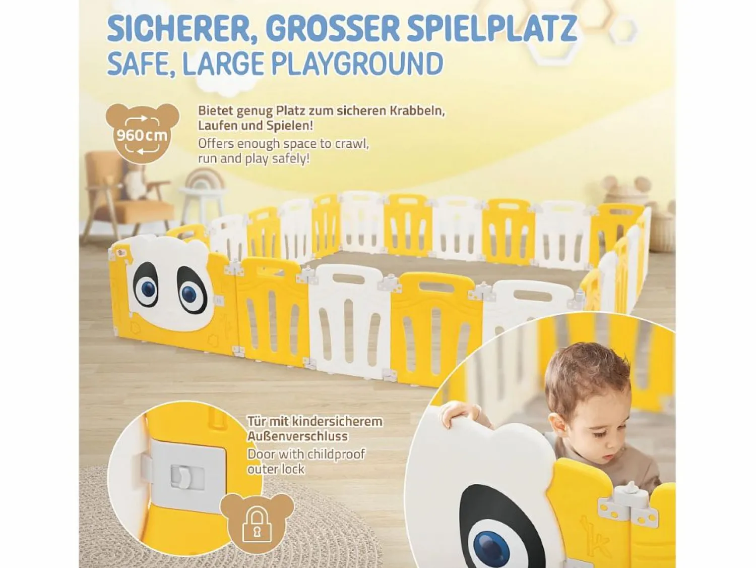 Online Parque infantil 240×240cm para bebés corralito infantil de plástico blanco diseño panda plegable actividades de interior/exterior Mueble De Bebé