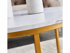 Hot Juego de 2 mesas de centro nido modernas de mármol y metal dorado para sala de estar y dormitorio. Blanco