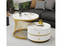 New Juego de 2 mesas de centro nido redondas con 2 cajones - 60x60x46cm + 50x50x30,8cm - Motivo mármol - Madera MDF y metal - Blanco + dorado Mesa De Centro