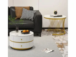 New Juego de 2 mesas de centro nido redondas con 2 cajones - 60x60x46cm + 50x50x30,8cm - Motivo mármol - Madera MDF y metal - Blanco + dorado Mesa De Centro