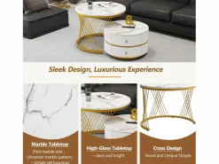 New Juego de 2 mesas de centro nido redondas con 2 cajones - 60x60x46cm + 50x50x30,8cm - Motivo mármol - Madera MDF y metal - Blanco + dorado Mesa De Centro