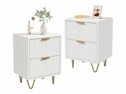 Juego de 2 mesitas de noche, mesitas auxiliares con 2 cajones, mesita de noche moderna blanca con patas doradas, color