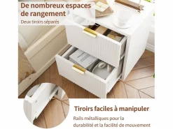 Juego de 2 mesitas de noche, mesitas auxiliares con 2 cajones, mesita de noche moderna blanca con patas doradas, color