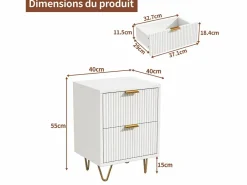 Juego de 2 mesitas de noche, mesitas auxiliares con 2 cajones, mesita de noche moderna blanca con patas doradas, color