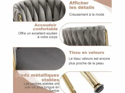 Sale Juego de 2 Sillas con Respaldo de Concha y Bastidor Trenzado, Patas Doradas - Gris - Elegancia Bohemia Negro