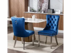 Juego de 2 sillas de comedor - Sillas con respaldo acolchado y patas de acero inoxidable plateadas - con ribete tachonado - terciopelo azul Sillas Y Lotes De Sillas