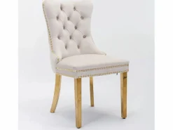 Juego de 2 sillas de comedor - Sillas con respaldo acolchado y patas de acero inoxidable dorado - con ribete tachonado - terciopelo beige Beige / Dorado