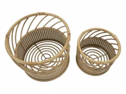 Outlet Juego de 2 soportes para macetas redondos de metal y ratán Panama Beige