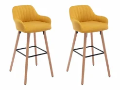 Outlet Juego de 2 taburetes de bar de tela y patas madera de haya - Amarillo - ELEANA Muebles De Bar|Taburete Alto