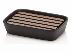 Juego de accesorios de baño en cerámica negra mate y madera de nogal Rodi