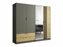 Clearance Juego de dormitorio completo diseño IZO: Armario, cama 180x200, cómoda, mesitas de noche, roble/ antracita Dormitorio Completo