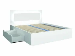 Outlet Meublorama Juego de dormitorio NOFI - Cama de 160x200 cm con somier, 2 cajones, mesitas de noche, armario y cómoda - Blanco